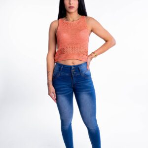 Jeans Súper Push Up, Súper Levanta Cola con Pretina Ancha, 3 botones. Bolsillos Traseros. Color Celeste. Jeans Mujer Elasticado Estilo Colombiano.