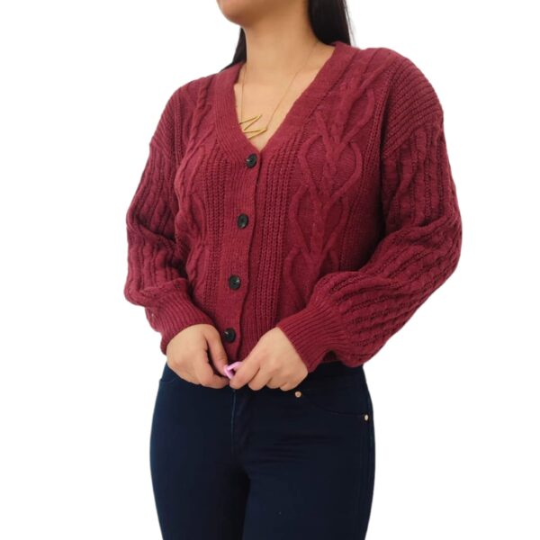 Cardigan Chaleco Manga globo aglobado mujer lanilla con botones lanita Burdeo Vino guinda