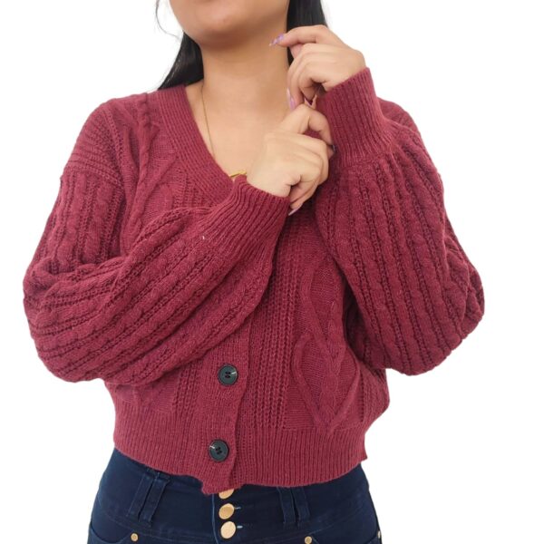 Cardigan Chaleco Manga globo aglobado mujer lanilla con botones lanita Burdeo Vino guinda