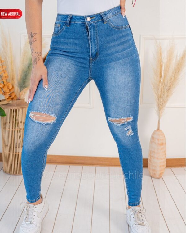 Pantalón Jeans Rasgado Mujer Skinny apitillado Push Up Azul tiro alto