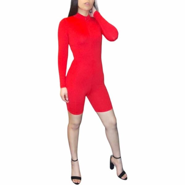 Enterito Corto Manga Larga Mono Elasticado con Cierre Delantero Jumpsuit Unitard rojo