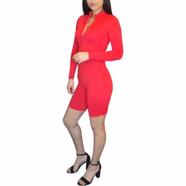 Enterito Corto Manga Larga Mono Elasticado con Cierre Delantero Jumpsuit Unitard rojo