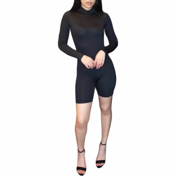 Enterito Corto Manga Larga Mono Elasticado con Cierre Delantero Jumpsuit Unitard negro