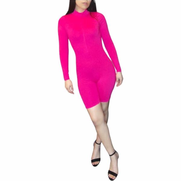 Enterito Corto Manga Larga Mono Elasticado con Cierre Delantero Jumpsuit Unitard fucsia