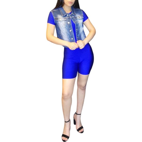 Enterizo Corto Elasticado Manga corta lycra dupont Enterito azul chaqueta de mezclilla jeans outfit verano